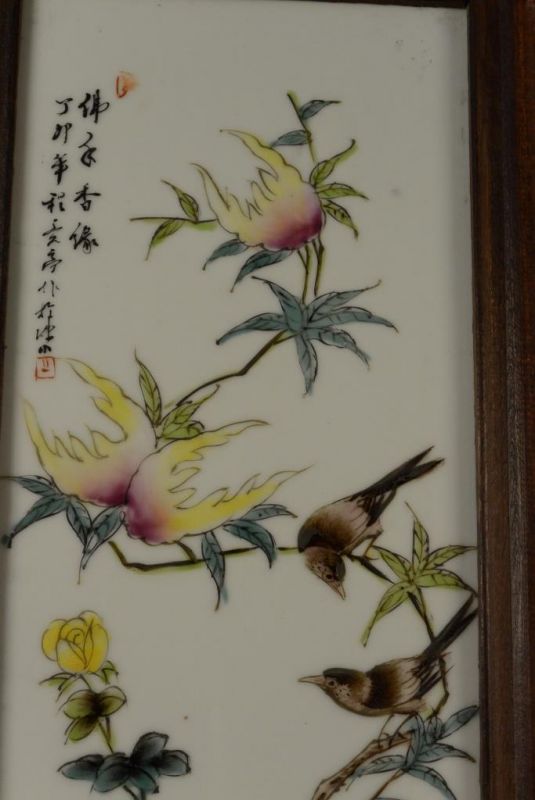 Panneau chinois en Bois et Porcelaine Oiseaux sur arbre 5 3