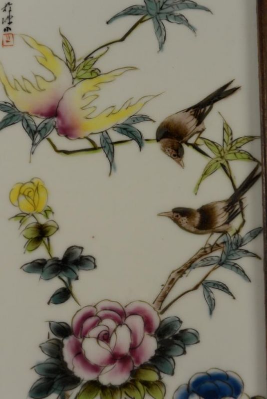 Panneau chinois en Bois et Porcelaine Oiseaux sur arbre 5 4