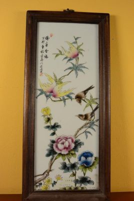 Panneau chinois en Bois et Porcelaine Oiseaux sur arbre 5