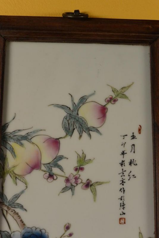 Panneau chinois en Bois et Porcelaine Oiseaux sur arbre 6 2