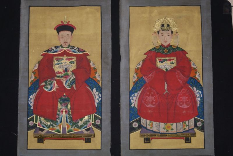 Pareja de ancestros Chinos dinastía Qing rojo 1