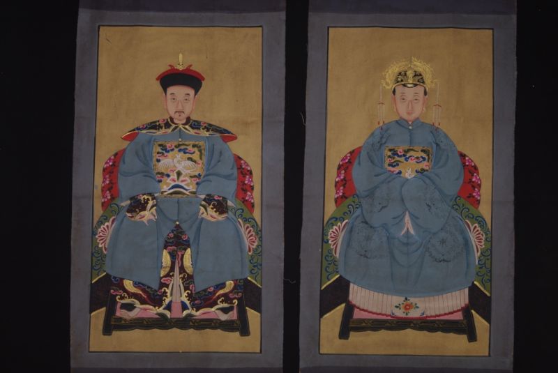 Pareja de ancestros Chinos Pintura China Azul Celeste 1