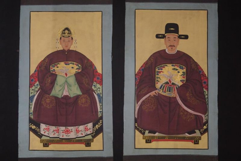 Pareja de ancestros Chinos Pintura China Burdeos 1