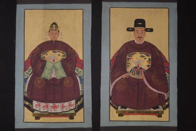 Pareja de ancestros Chinos Pintura China Burdeos