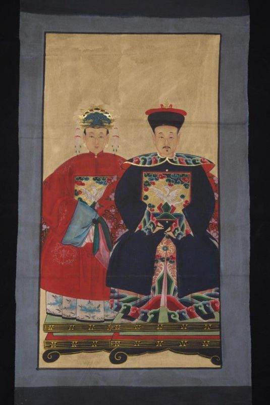 Pareja de ancestros Chinos Pintura China Rojo y Azul Marino 1