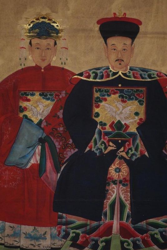 Pareja de ancestros Chinos Pintura China Rojo y Azul Marino 2