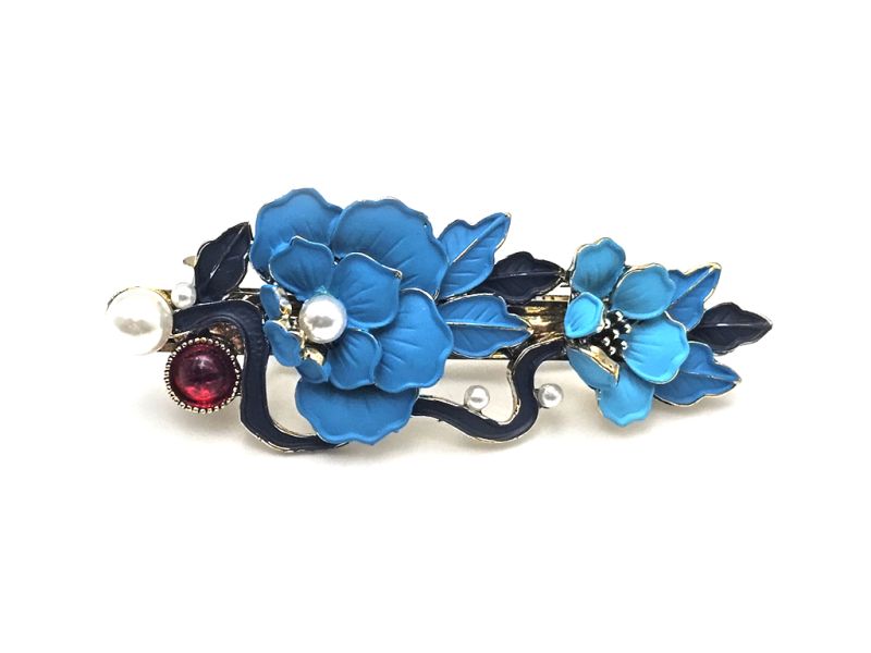 Pasador de esmalte chino - Cloisonné - Flores - Azul cielo y azul marino. 1