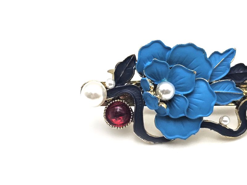 Pasador de esmalte chino - Cloisonné - Flores - Azul cielo y azul marino. 2