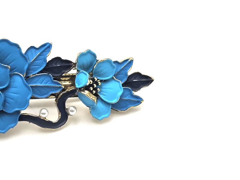 Pasador de esmalte chino - Cloisonné - Flores - Azul cielo y azul marino. 3