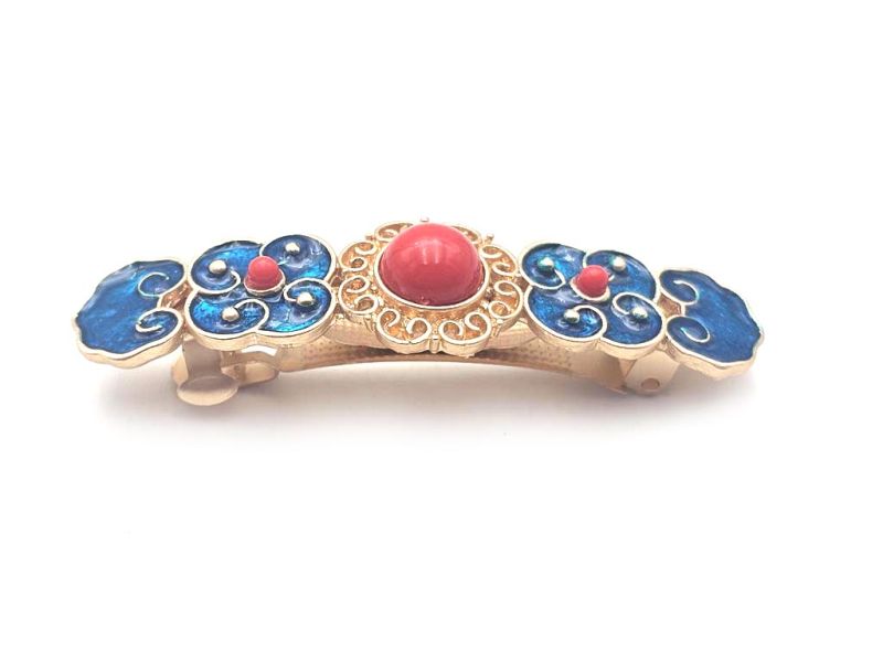 Pasador de esmalte chino - Cloisonné - Flores y perla roja 2
