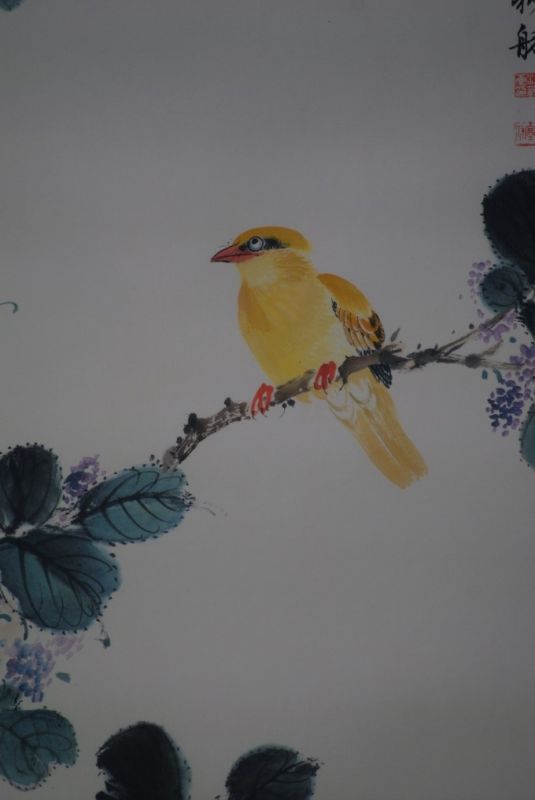 Peinture Chinoise Aquarelle sur soie Petit oiseau jaune 4