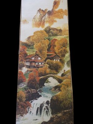 Peinture Chinoise - Broderie sur soie - Paysage - Le village sur l'eau