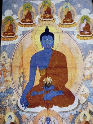 Peinture Chinoise - Broderie sur soie - Thangka - Akshobhya - Bouddha Bleu
