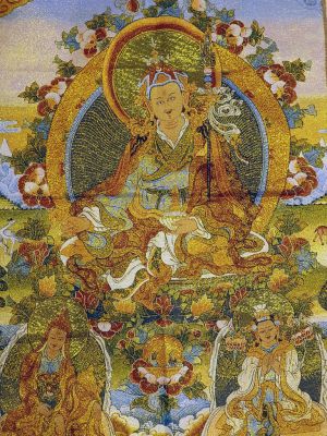 Peinture Chinoise - Broderie sur soie - Thangka - Maître nepalais sur la fleur de lotus