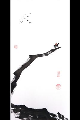 Peinture chinoise moderne - aquarelles sur papier de riz - La montagne à cheval