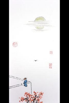 Peinture chinoise moderne - aquarelles sur papier de riz - Le moine