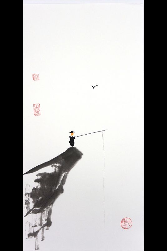 Peinture chinoise moderne - aquarelles sur papier de riz - Le pêcheur sur la falaise