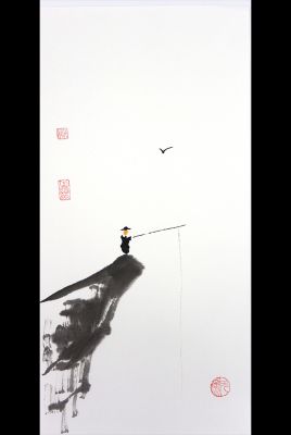 Peinture chinoise moderne - aquarelles sur papier de riz - Le pêcheur sur la falaise Peinture chinoise moderne - aquarelles sur papier de riz - Le pêcheur sur la falaise