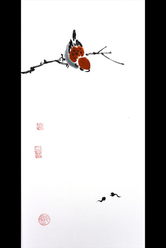 Peinture chinoise moderne - aquarelles sur papier de riz - Les oiseaux et les tétards