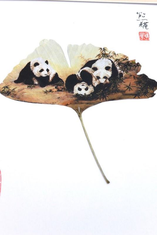 Peinture chinoise sur feuille d'arbre - 3 Pandas 2