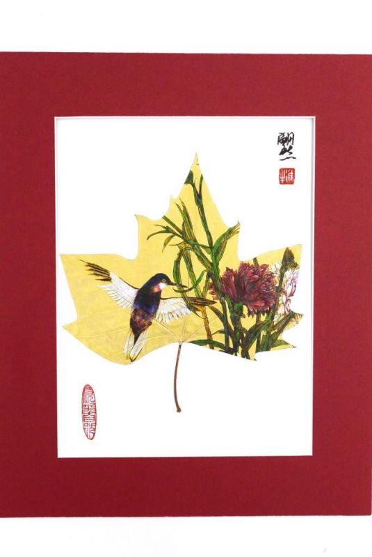 Peinture chinoise sur feuille d'arbre - Oiseau et pivoine 1