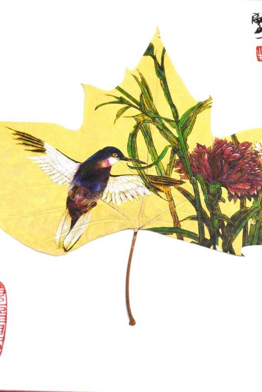 Peinture chinoise sur feuille d'arbre - Oiseau et pivoine 2
