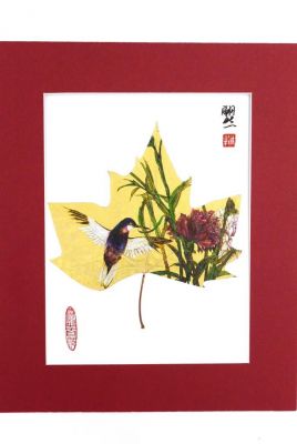 Peinture chinoise sur feuille d'arbre - Oiseau et pivoine