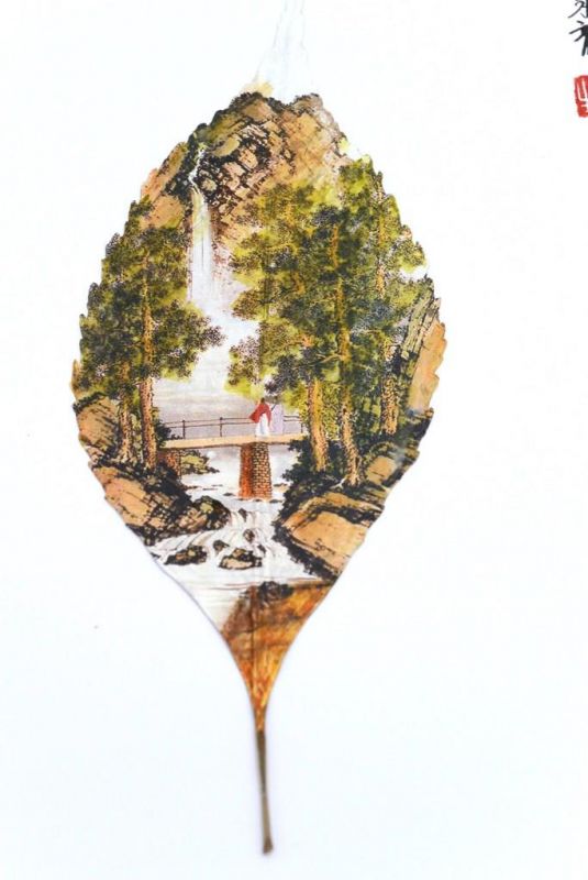 Peinture chinoise sur feuille d'arbre - Pont sur la rivière 2