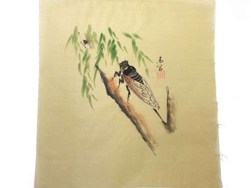 Peinture Chinoise sur soie à Encadrer - L'insecte sur l'arbre