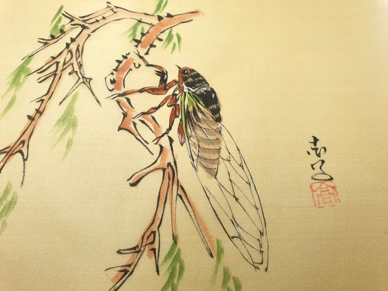 Peinture Chinoise sur soie à Encadrer - L'insecte sur la branche 2