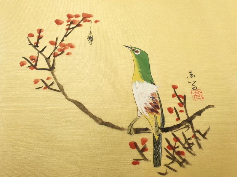 Peinture Chinoise sur soie à Encadrer - Le pivert sur l'arbre 2