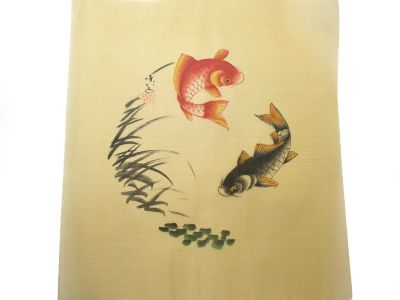Peinture Chinoise sur soie à Encadrer - Le poisson rouge et le poisson