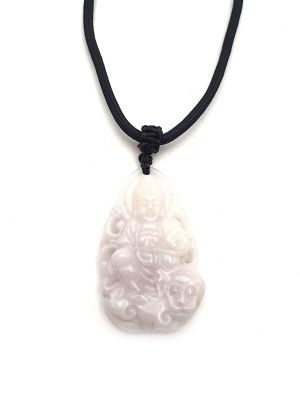 Pendentif Bouddhiste en Jade véritable Catégorie A -Guan Yin sur chien Fo - Jade blanc