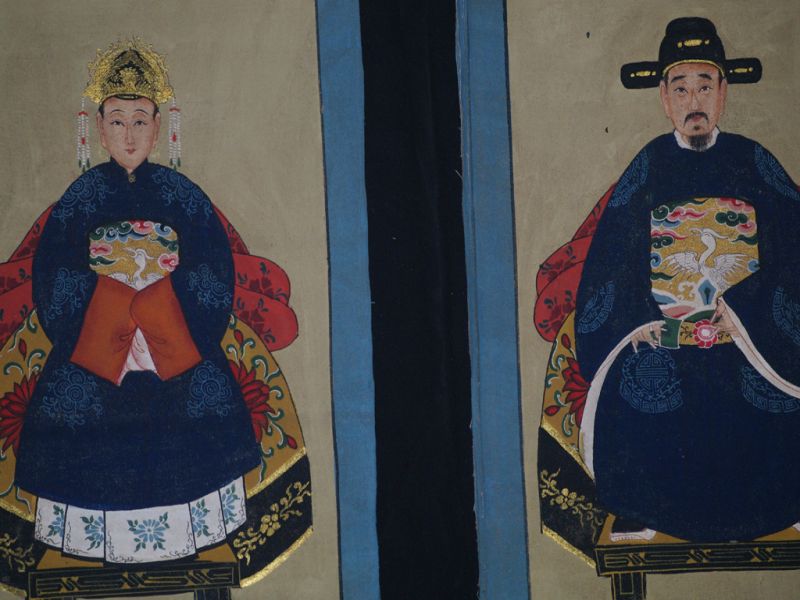 Pequeña Pareja de ancestros Chinos Pintura China Azul Marino 2