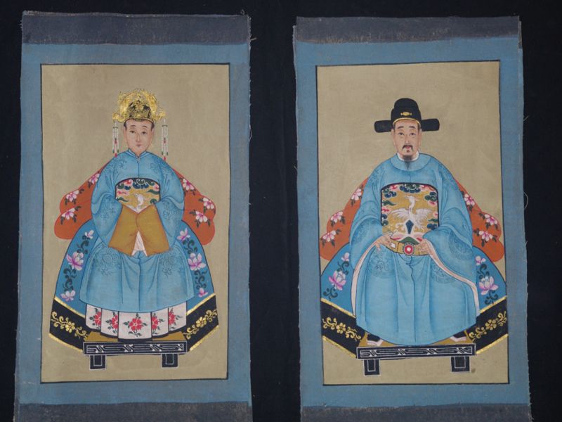 Pequeña Pareja de ancestros Chinos Pintura China Azul Real 1