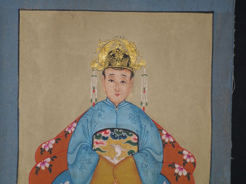 Pequeña Pareja de ancestros Chinos Pintura China Azul Real 3