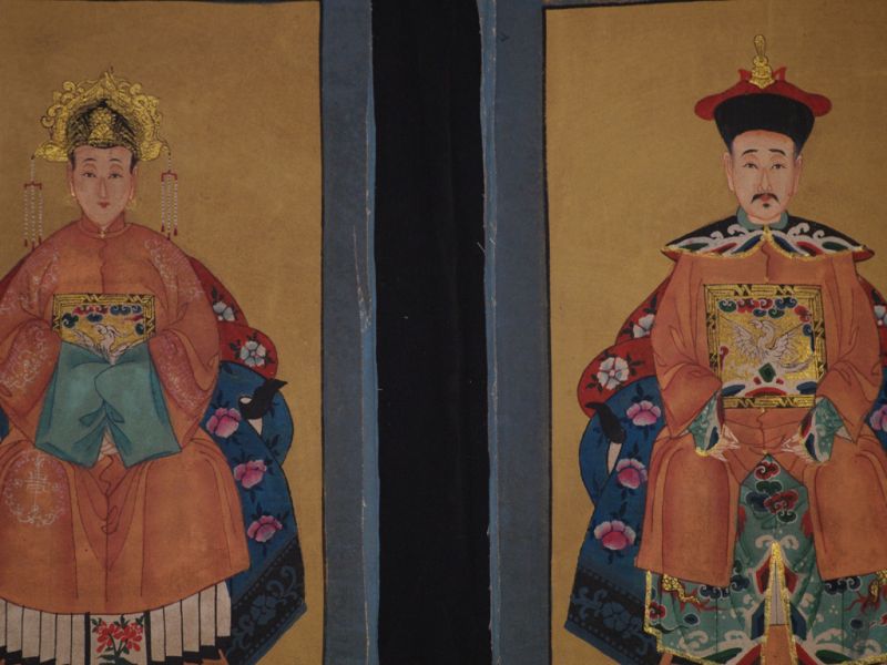 Pequeña Pareja de ancestros Chinos Pintura China Salmón 2