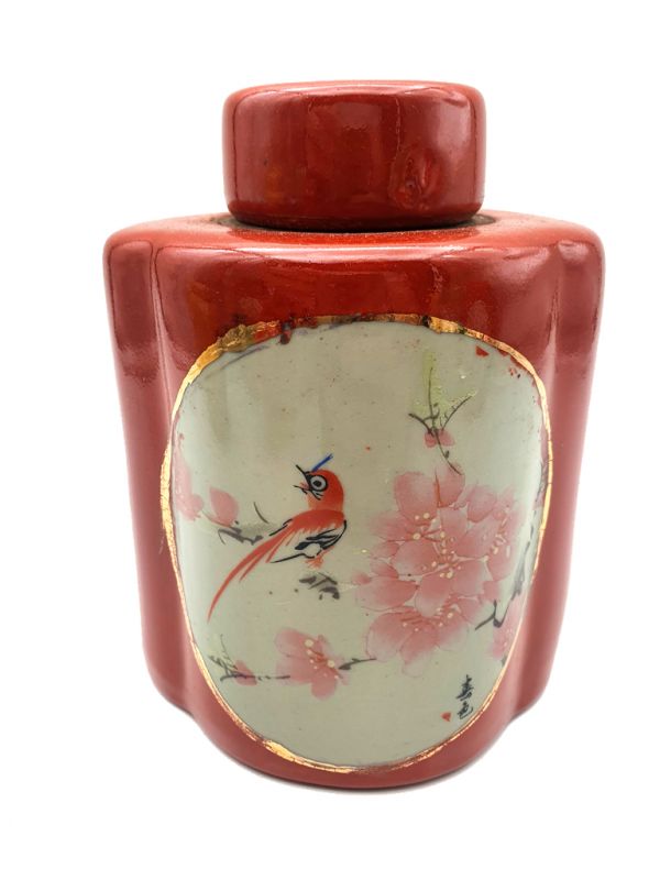 Pequeño Jarrón Chino Colorido - Porcelana - Rojo - Pájaro y flores de cerezo 1