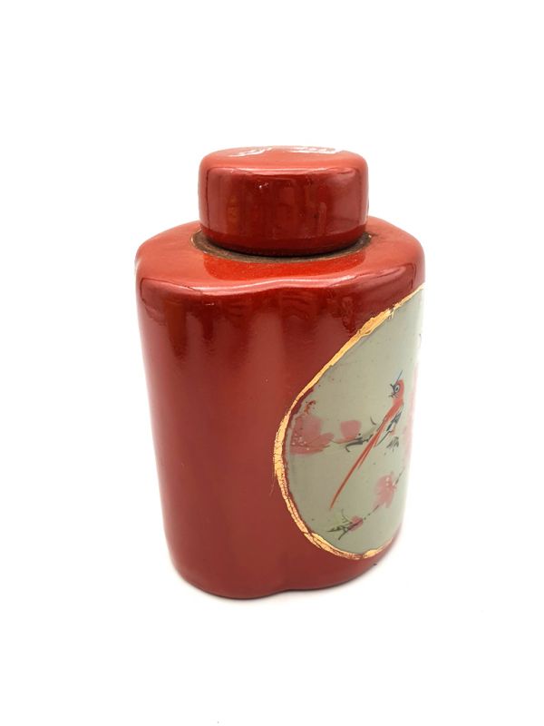 Pequeño Jarrón Chino Colorido - Porcelana - Rojo - Pájaro y flores de cerezo 3