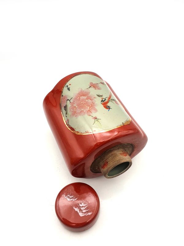 Pequeño Jarrón Chino Colorido - Porcelana - Rojo - Pájaro y flores de cerezo 4