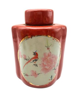 Pequeño Jarrón Chino Colorido - Porcelana - Rojo - Pájaro y flores de cerezo
