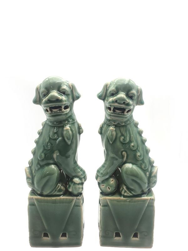 Perros de Fu de porcelana Celadon Verde 1