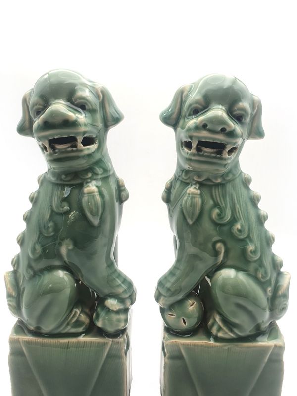 Perros de Fu de porcelana Celadon Verde 2