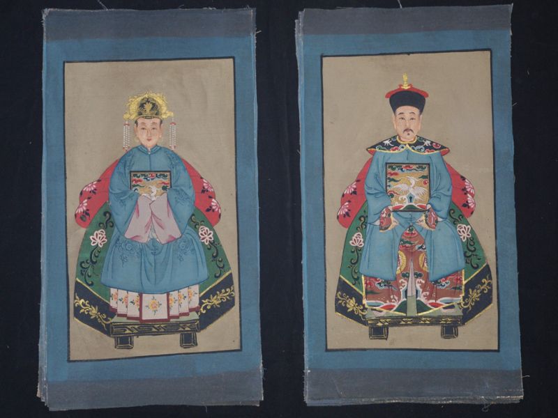 Petit Couple d'ancêtres chinois Peinture asiatique Bleu Ciel