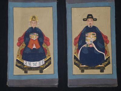 Petit Couple d'ancêtres chinois Peinture asiatique Bleu Marine