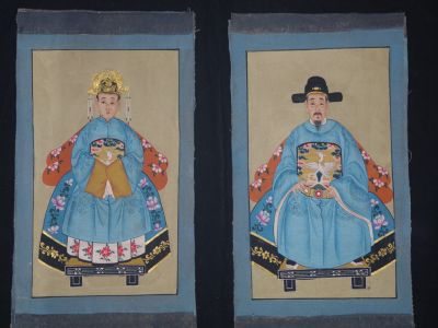 Petit Couple d'ancêtres chinois Peinture asiatique Bleu roi