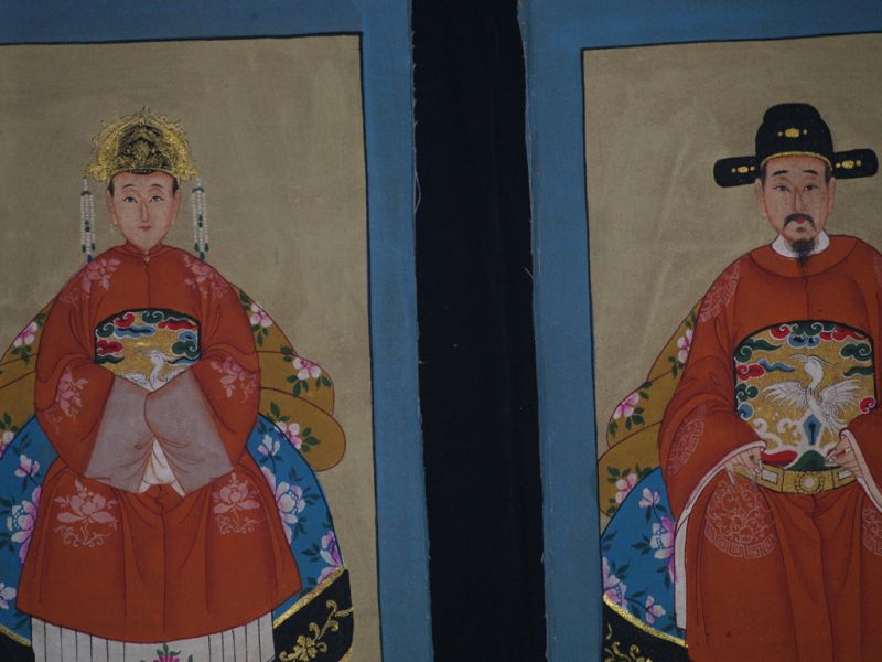 Petit Couple d'ancêtres chinois Peinture asiatique Orange 2