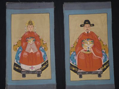 Petit Couple d'ancêtres chinois Peinture asiatique Orange