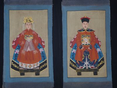 Petit Couple d'ancêtres chinois Peinture asiatique Orange Petit Couple d'ancêtres chinois Peinture asiatique Orange