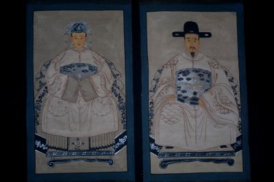 Petit Couple d'ancêtres chinois Peinture Ming Beige Petit Couple d'ancêtres chinois Peinture Ming Beige